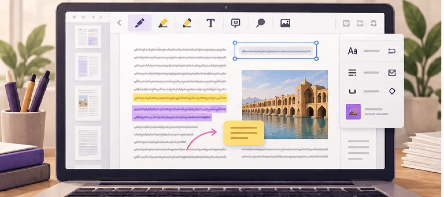 تصویر مفهومی ویرایش PDF فارسی؛ تغییر متن، افزودن یادداشت و رفع مشکلات فونت