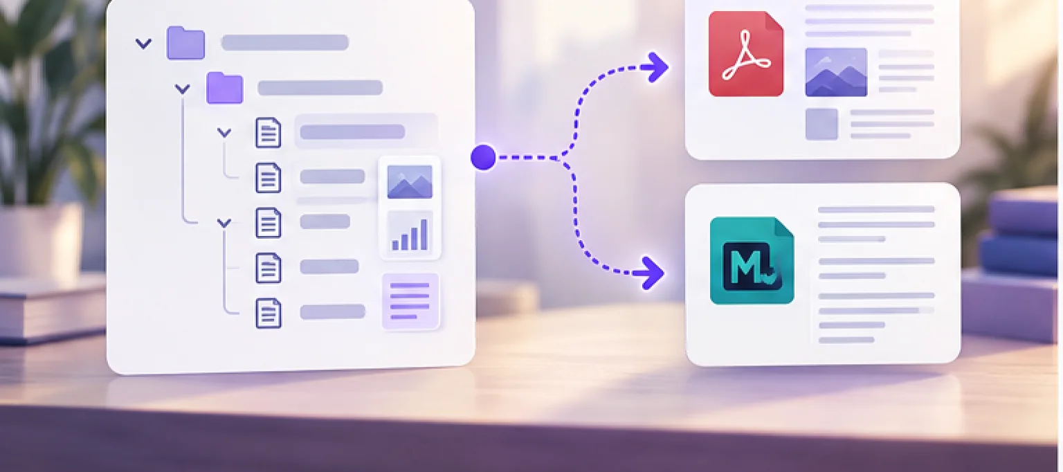 تصویر مفهومی خروجی گرفتن از Notion؛ راهنمای PDF و Markdown با حفظ زیرصفحه‌ها