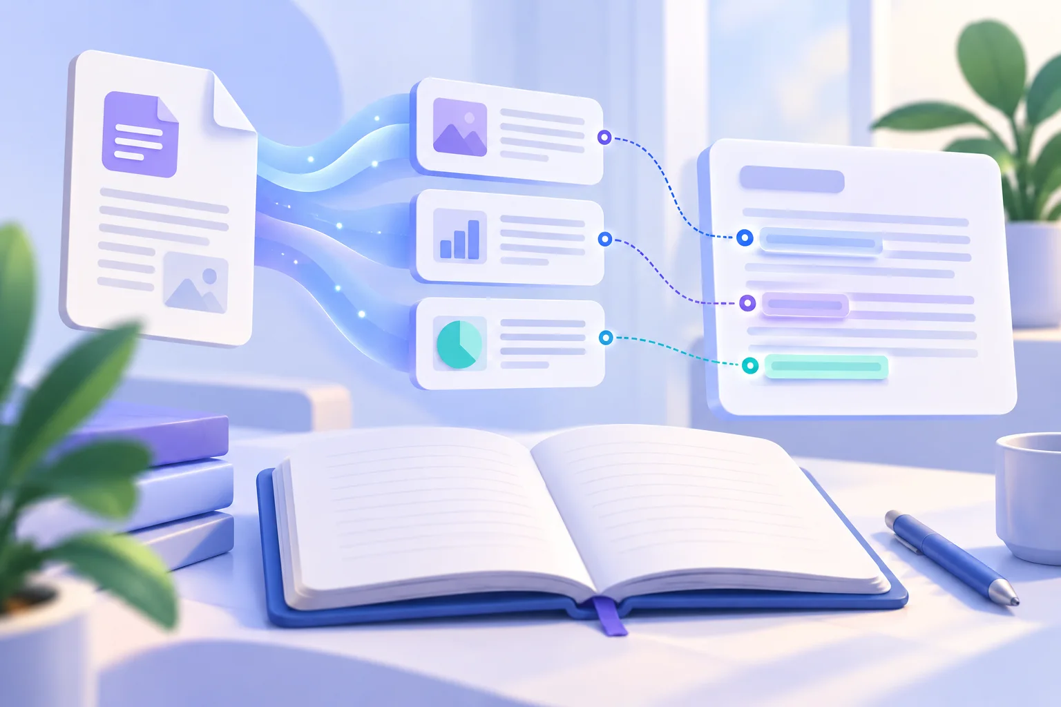نمای مفهومی تبدیل یک فایل PDF به کارت‌های منبع و پاسخ دارای ارجاع