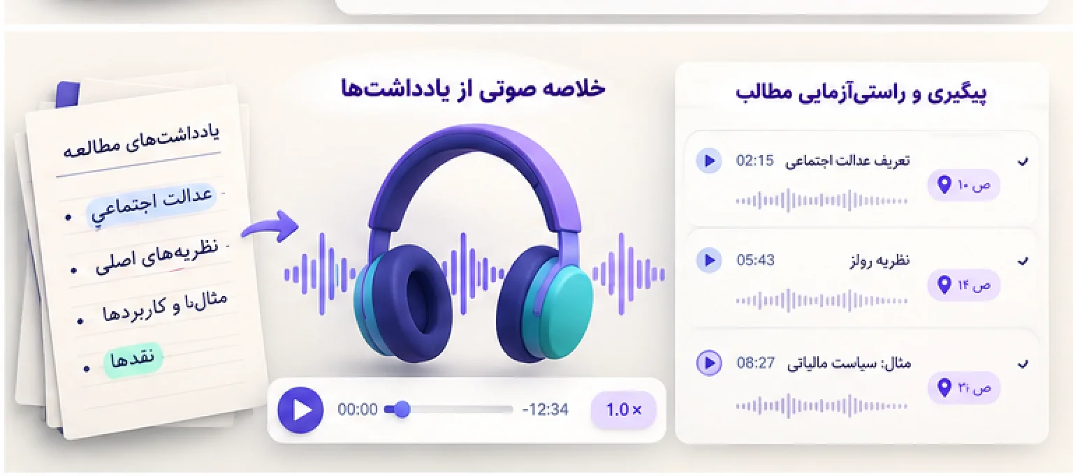 تصویر مفهومی تبدیل جزوه به پادکست فارسی با NotebookLM؛ آموزش و محدودیت‌ها