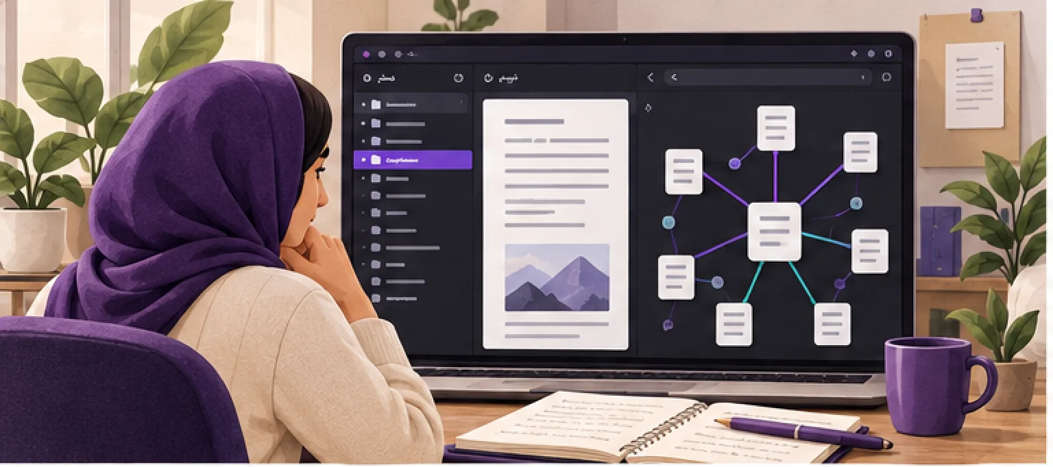 تصویر مفهومی آموزش Obsidian برای فارسی‌زبان‌ها؛ ساخت اولین دفتر دانش شخصی