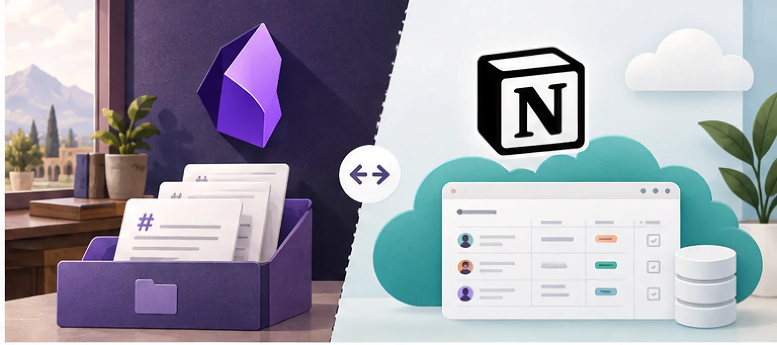 تصویر مفهومی Obsidian یا Notion؟ مقایسه یادداشت فارسی، کار آفلاین و مدیریت دانش