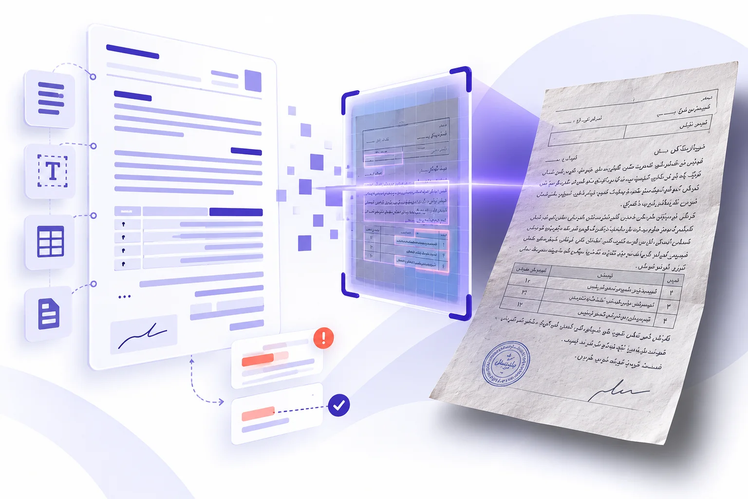نمای مفهومی اسکن برگه فارسی با موبایل و تبدیل آن به متن قابل ویرایش