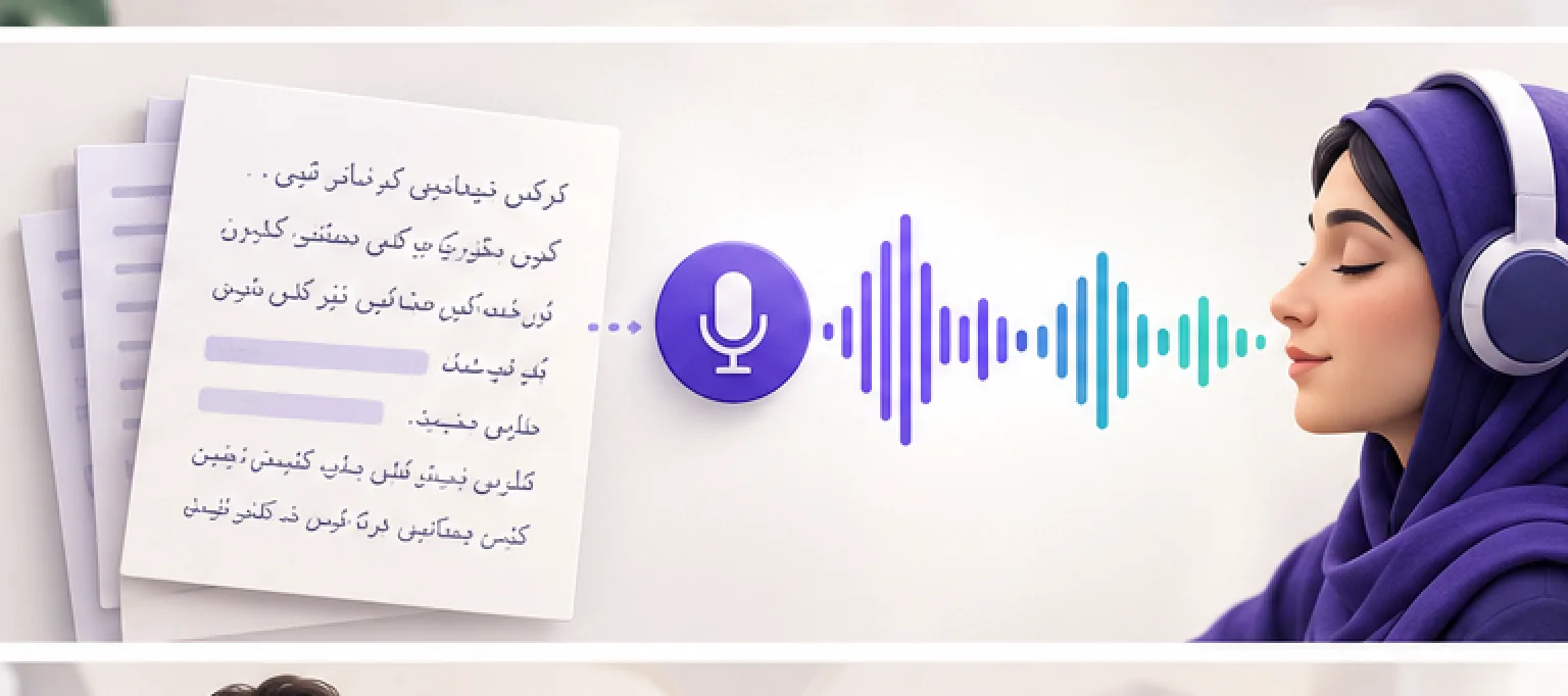 تصویر مفهومی تبدیل متن فارسی به صدا؛ مقایسه ابزارهای خواندن جزوه و مقاله