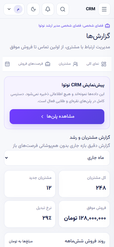 نمودارها و شاخص‌های گزارش CRM در نمایش موبایل