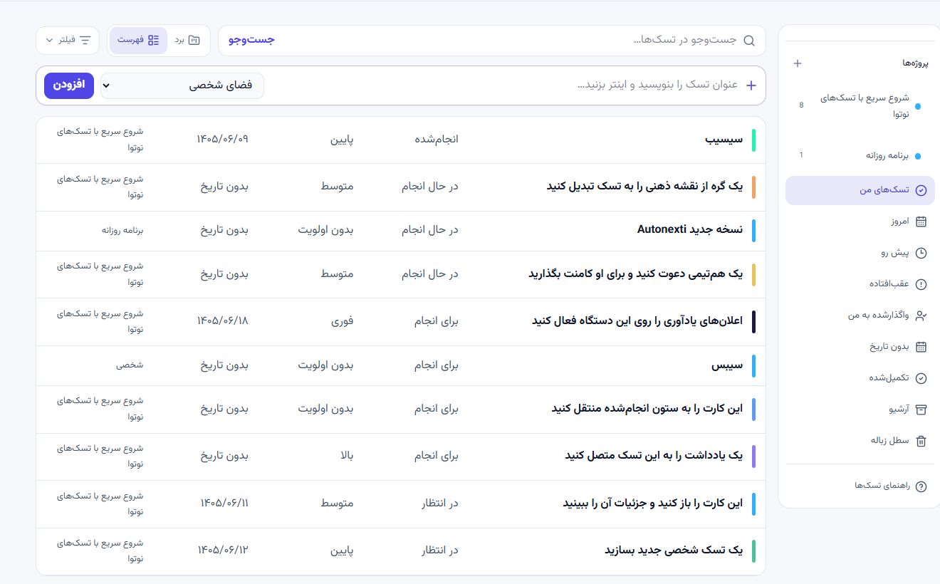 نمای واقعی فهرست تسکها در پنل نوتوا